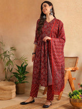 Red Rayon Blend Floral Printed A-Line Kurta Trouser With Dupatta