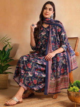 Navy Blue Rayon Blend Floral Printed A-Line Kurta Trouser With Dupatta