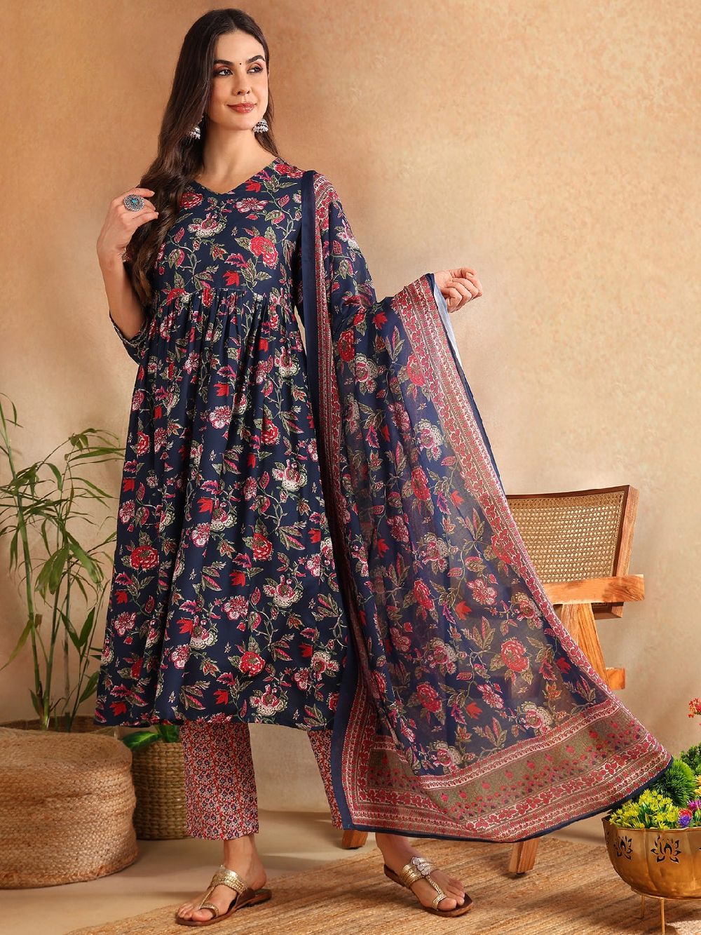 Navy Blue Rayon Blend Floral Printed A-Line Kurta Trouser With Dupatta