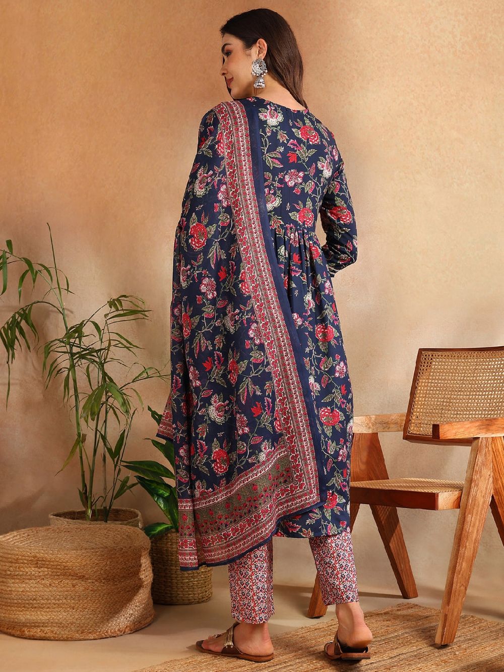 Navy Blue Rayon Blend Floral Printed A-Line Kurta Trouser With Dupatta