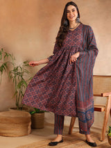 Maroon Rayon Blend Ajrakh Printed A-Line Kurta Trouser With Dupatta