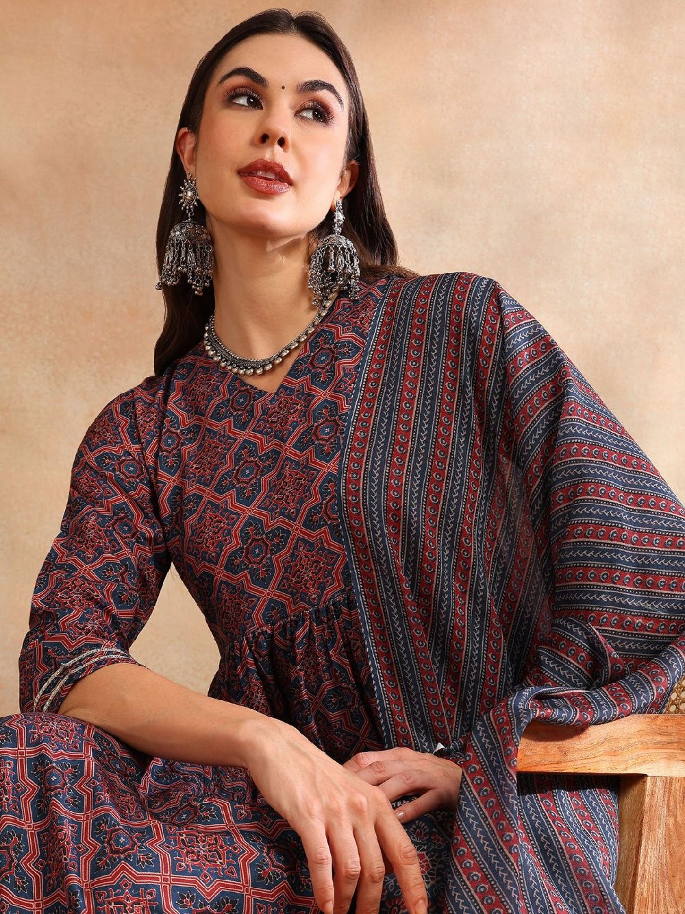 Maroon Rayon Blend Ajrakh Printed A-Line Kurta Trouser With Dupatta