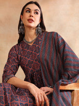 Maroon Rayon Blend Ajrakh Printed A-Line Kurta Trouser With Dupatta