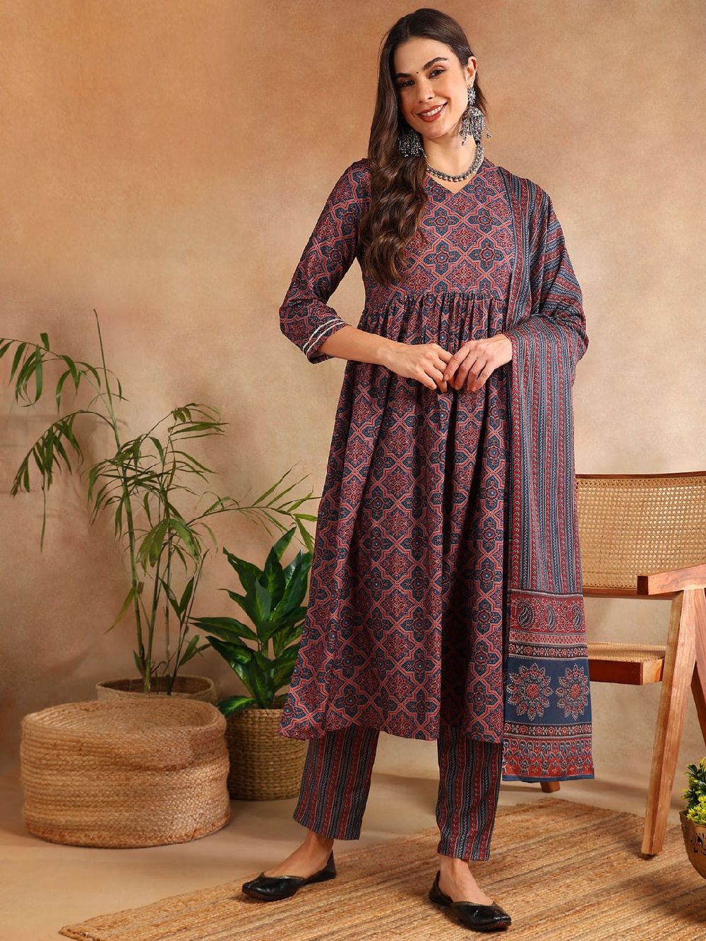 Maroon Rayon Blend Ajrakh Printed A-Line Kurta Trouser With Dupatta