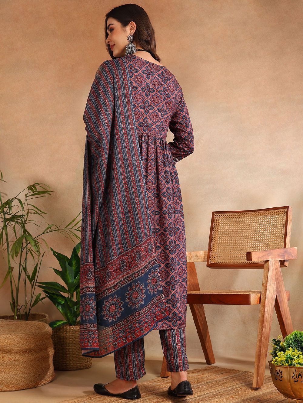 Maroon Rayon Blend Ajrakh Printed A-Line Kurta Trouser With Dupatta