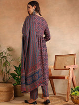 Maroon Rayon Blend Ajrakh Printed A-Line Kurta Trouser With Dupatta