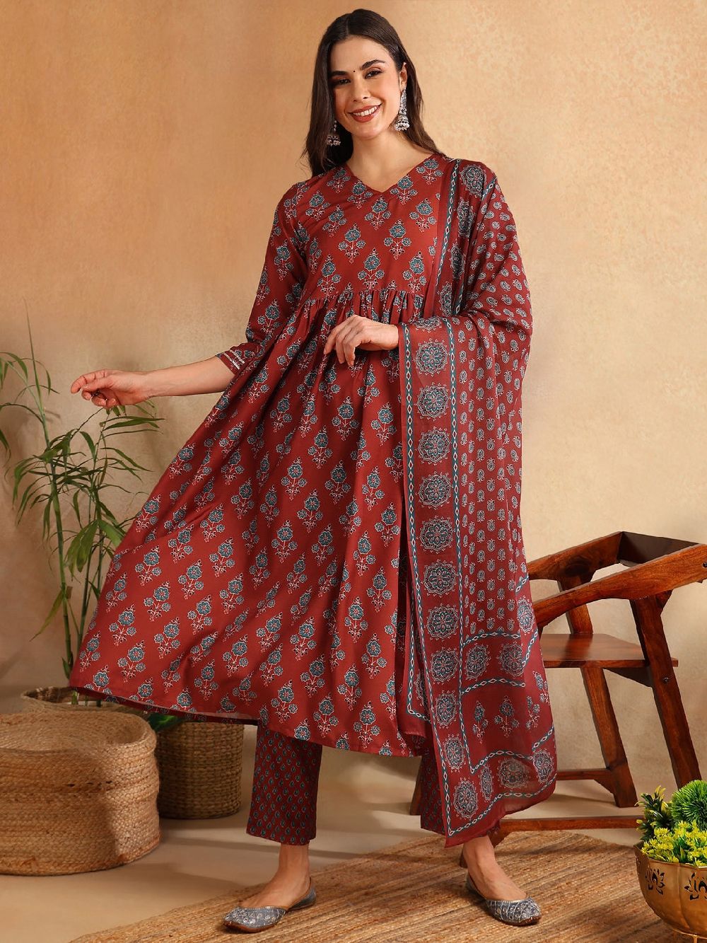 Brown Rayon Blend Floral Printed A-Line Kurta Trouser With Dupatta