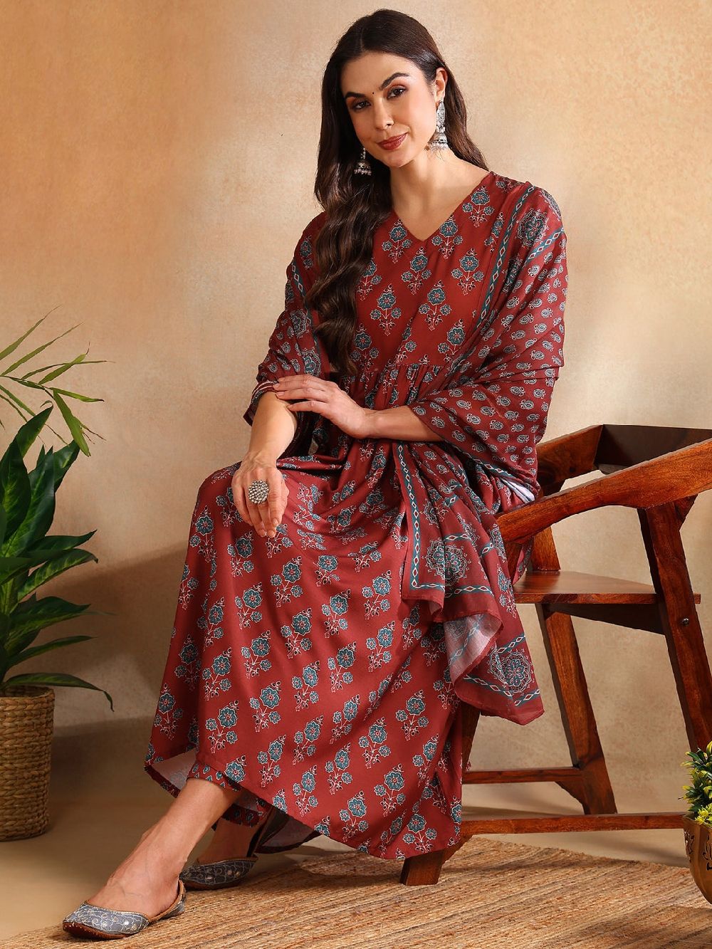 Brown Rayon Blend Floral Printed A-Line Kurta Trouser With Dupatta