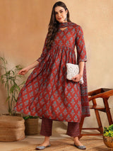 Brown Rayon Blend Floral Printed A-Line Kurta Trouser With Dupatta