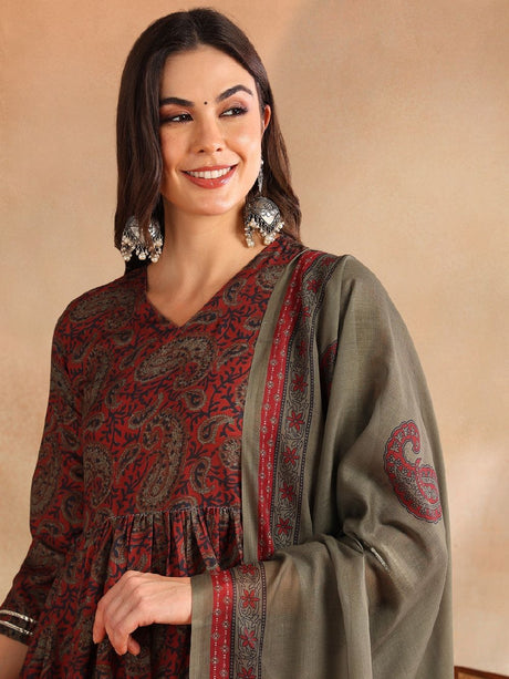 Red Rayon Blend Paisley Printed A-Line Kurta Trouser With Dupatta