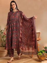 Multi Rayon Blend Ethnic Motifs Printed A-Line Kurta Trouser With Dupatta