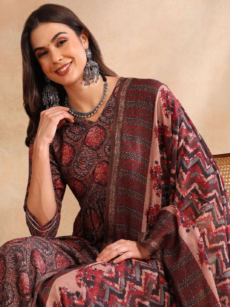 Multi Rayon Blend Ethnic Motifs Printed A-Line Kurta Trouser With Dupatta