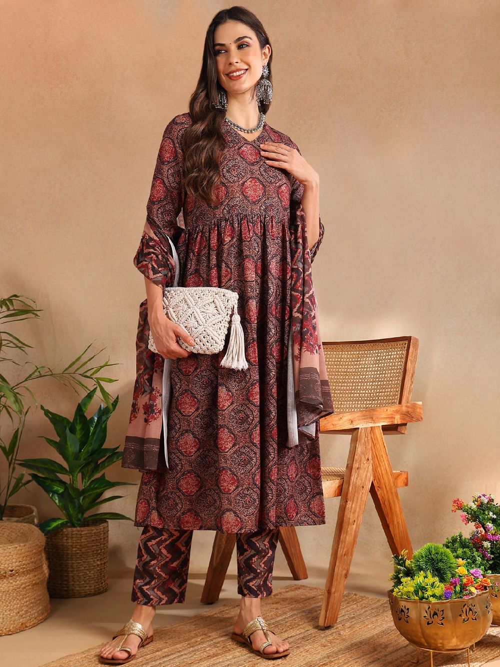 Multi Rayon Blend Ethnic Motifs Printed A-Line Kurta Trouser With Dupatta