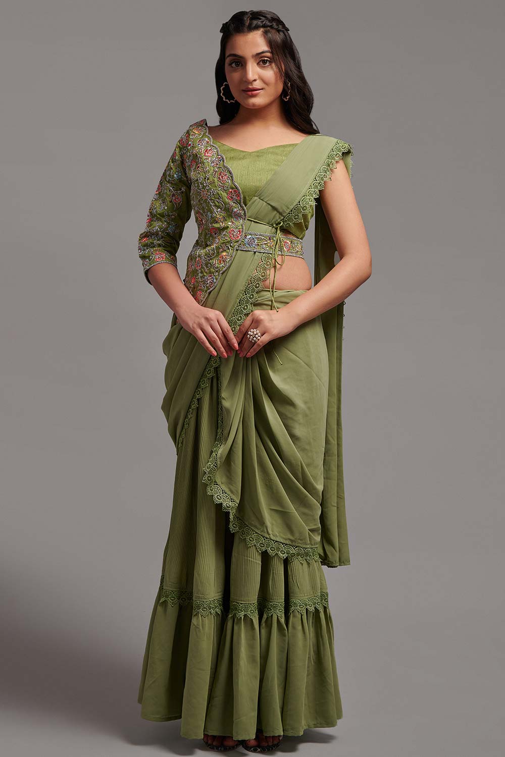 Green Georgette Thread Design Saree