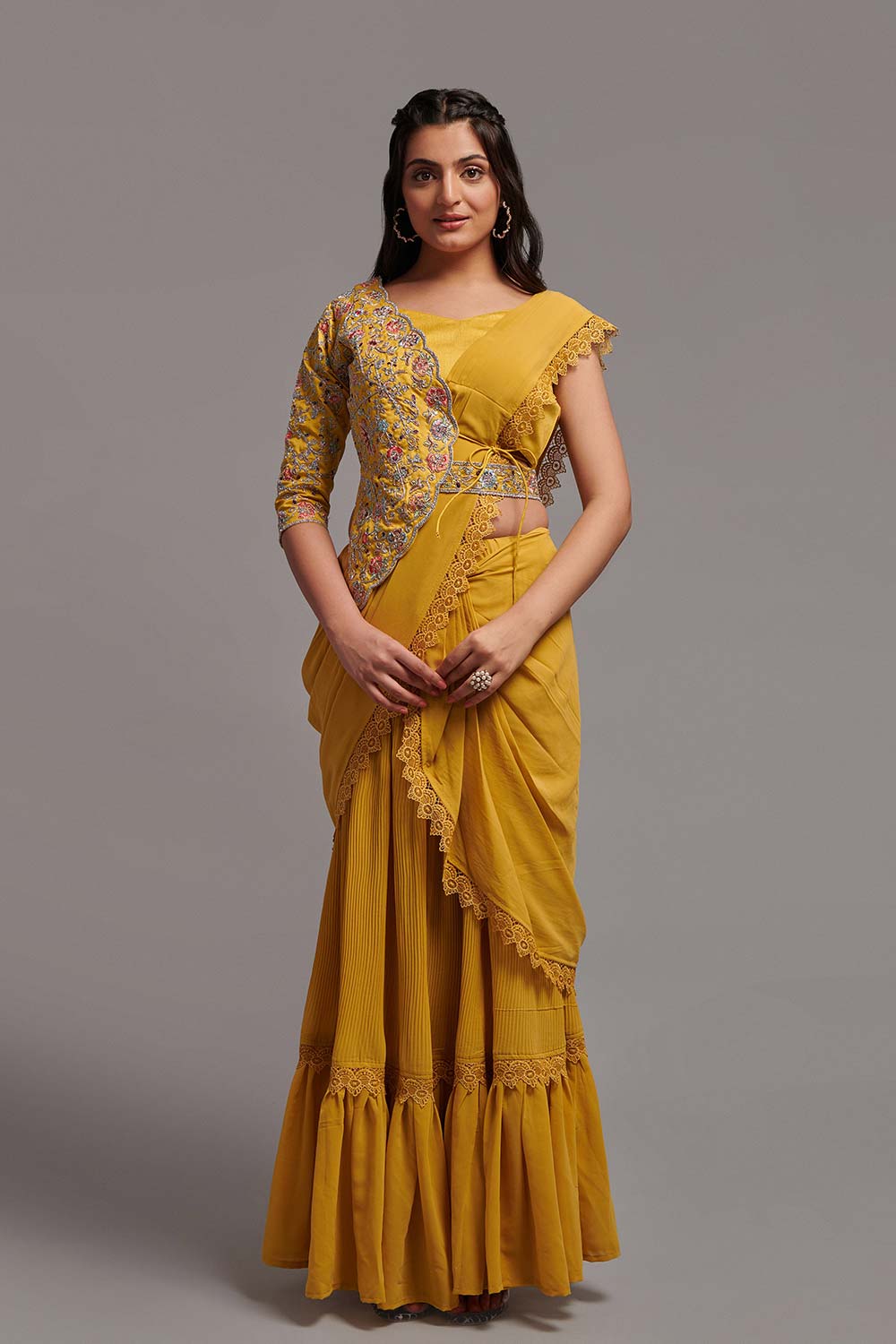 Yellow Georgette Thread Design Saree