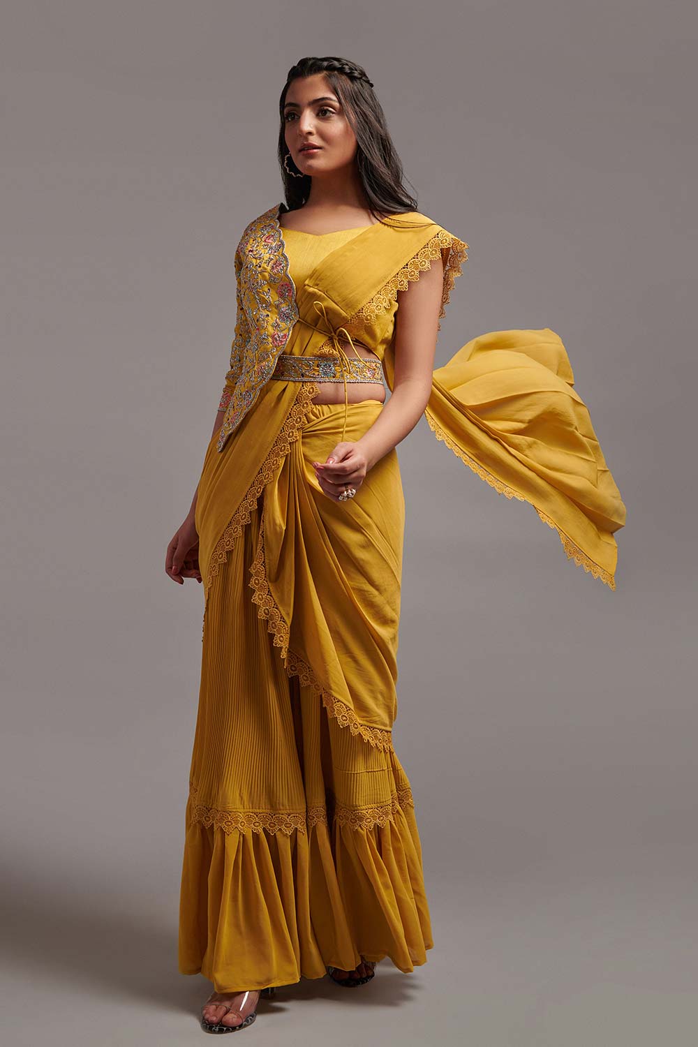 Yellow Georgette Thread Design Saree