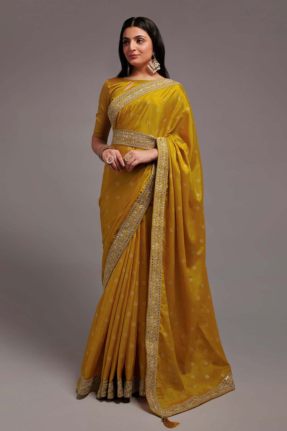 Yellow Chinon Zari  Saree