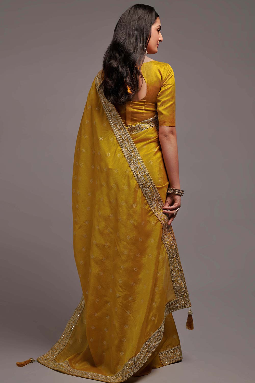 Yellow Chinon Zari  Saree