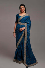 Blue Chinon Zari  Saree