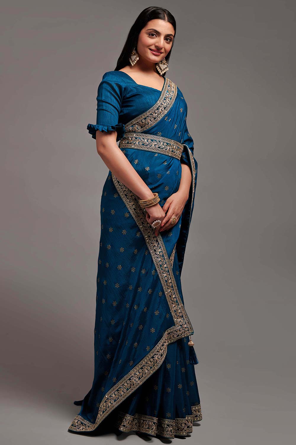 Blue Chinon Zari  Saree