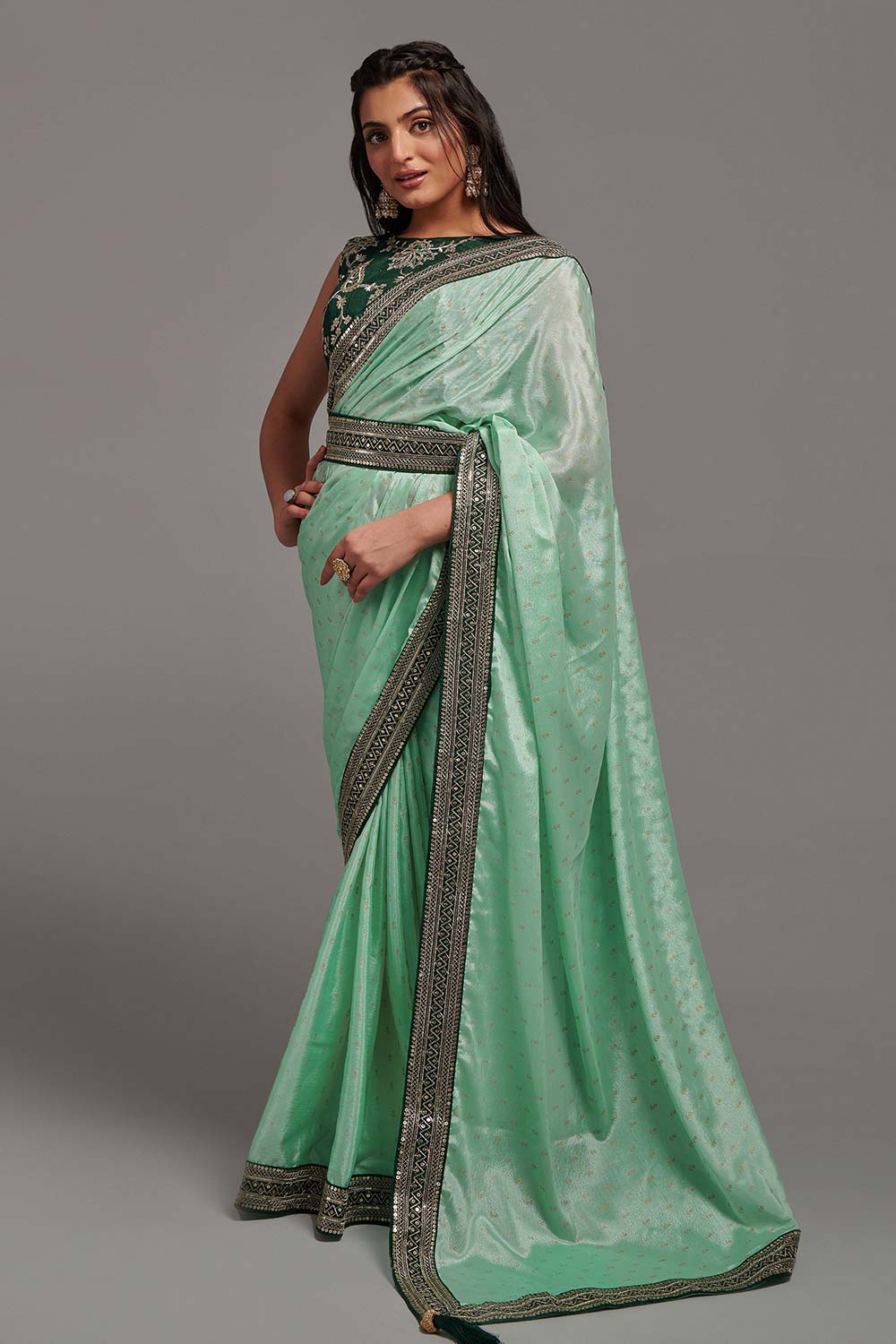 Green Chinon Zari  Saree