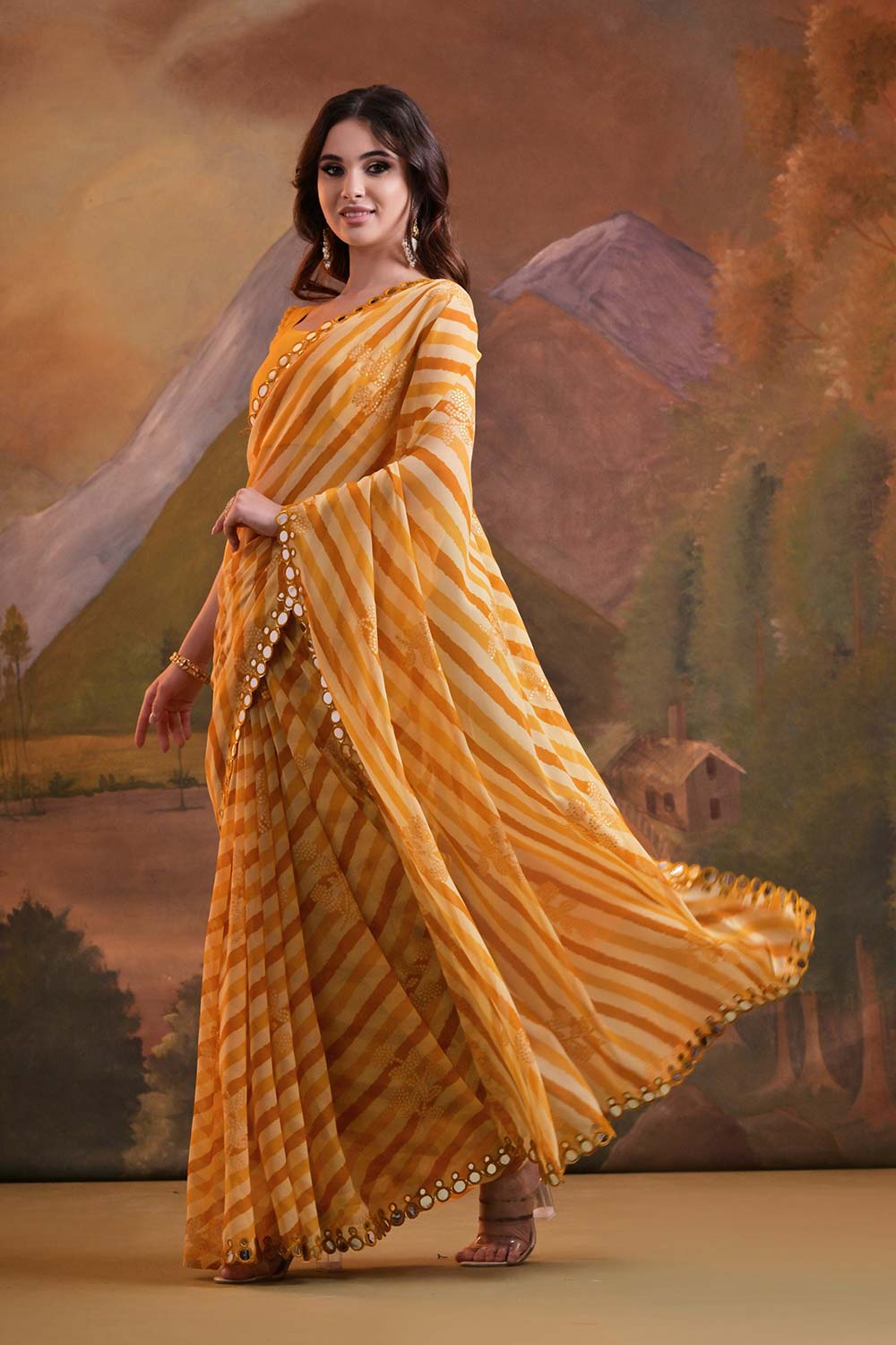 Yellow Georgette printed Saree