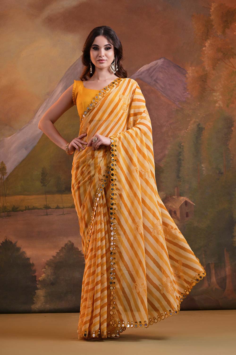 Yellow Georgette printed Saree