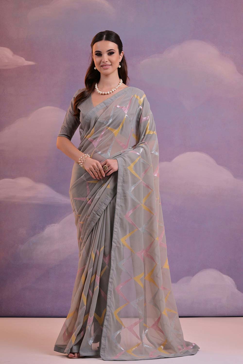 Grey Georgette Mirror Sequence Saree