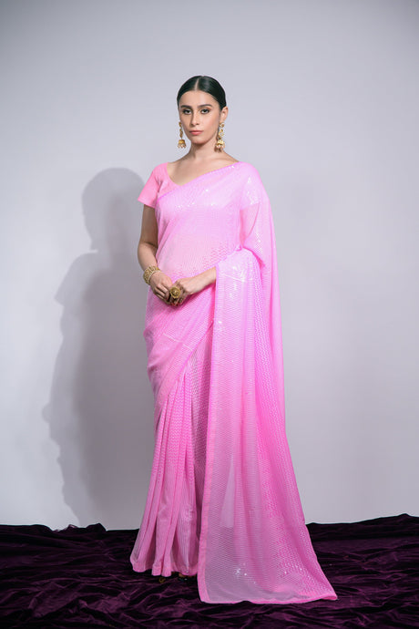 Pink Georgette Mirror Sequence Saree