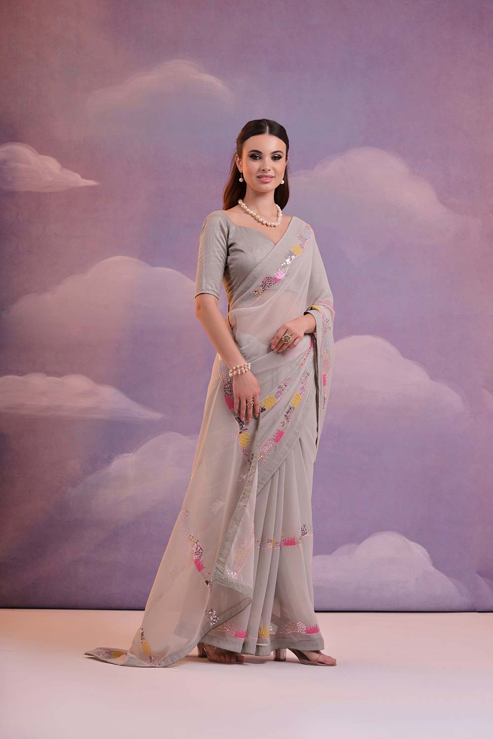 Grey Georgette Mirror Sequence Saree