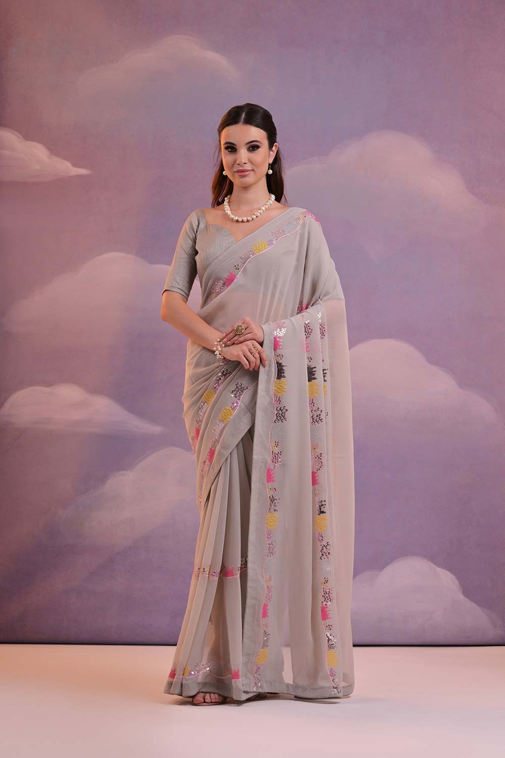 Grey Georgette Mirror Sequence Saree