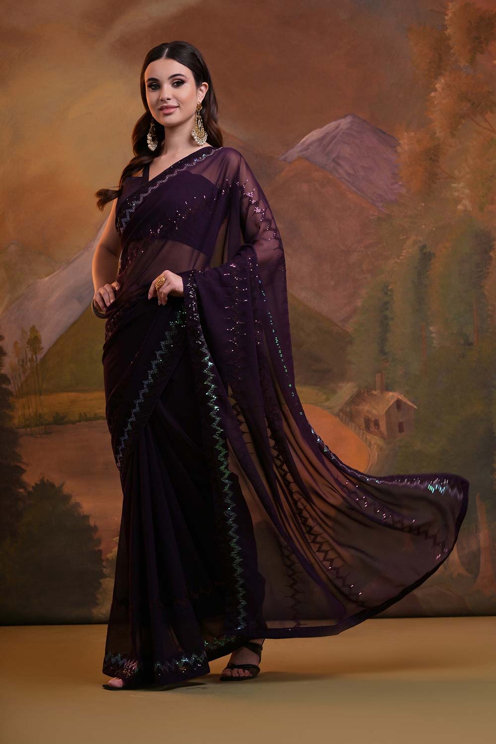 Purple Georgette Embroidered Saree