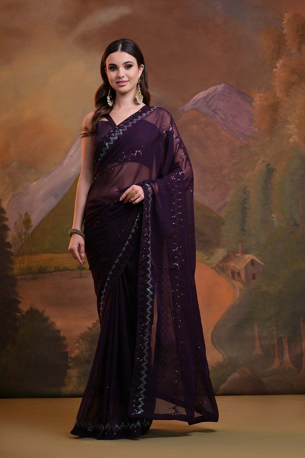 Purple Georgette Embroidered Saree