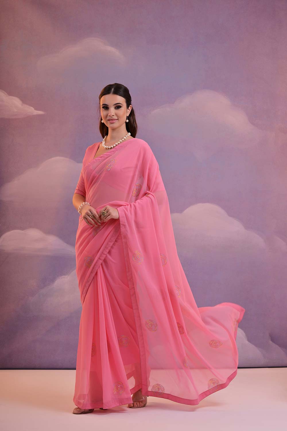 Pink Georgette Embroidered Saree