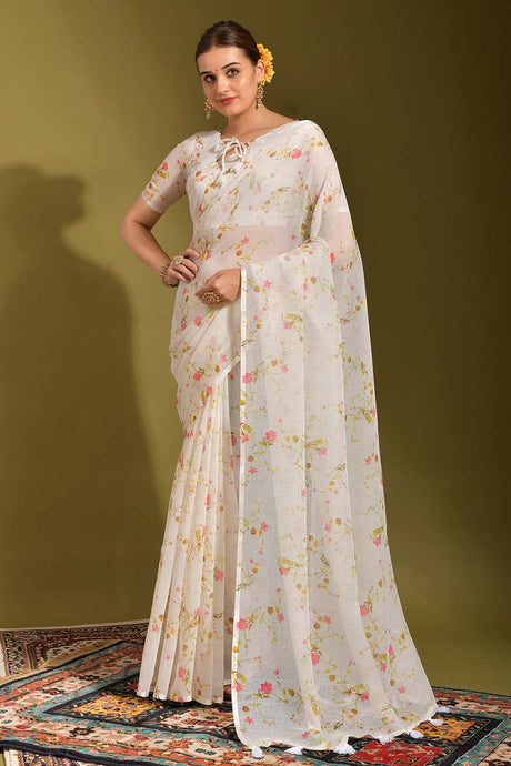 Off-White Linen Printed Saree