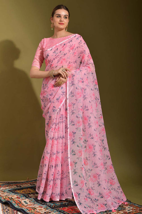 Pink Linen Printed Saree