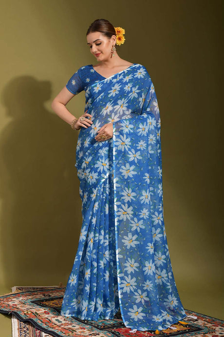 Blue Linen Printed Saree