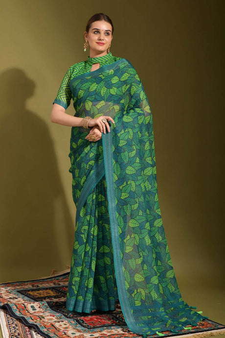 Green Linen Printed Saree