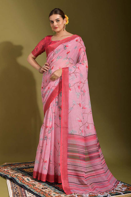 Pink Linen Printed Saree