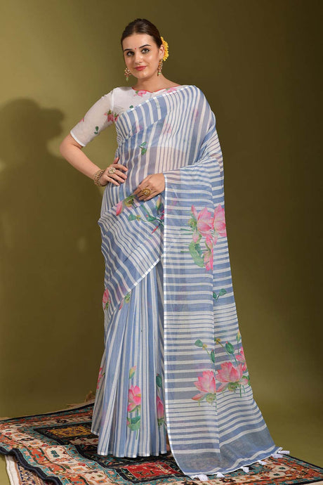 Blue Linen Printed Saree