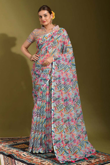 Multi-Color Linen Printed Saree