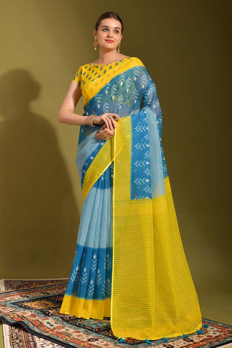 Blue Linen Printed Saree