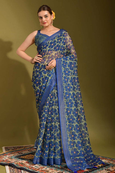 Blue Linen Printed Saree