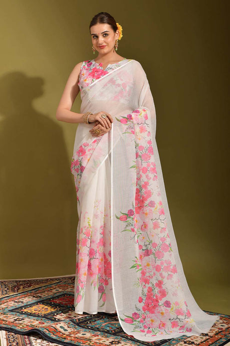 Off-White Linen Printed Saree