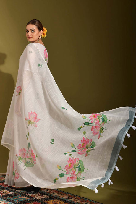 Off-White Linen Printed Saree