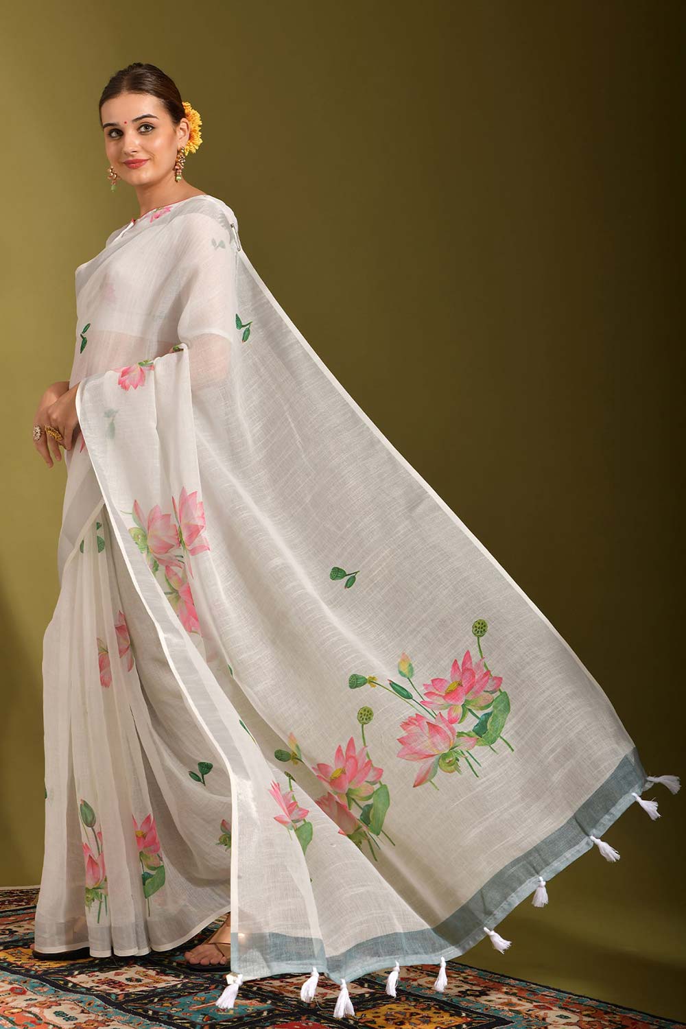 Off-White Linen Printed Saree