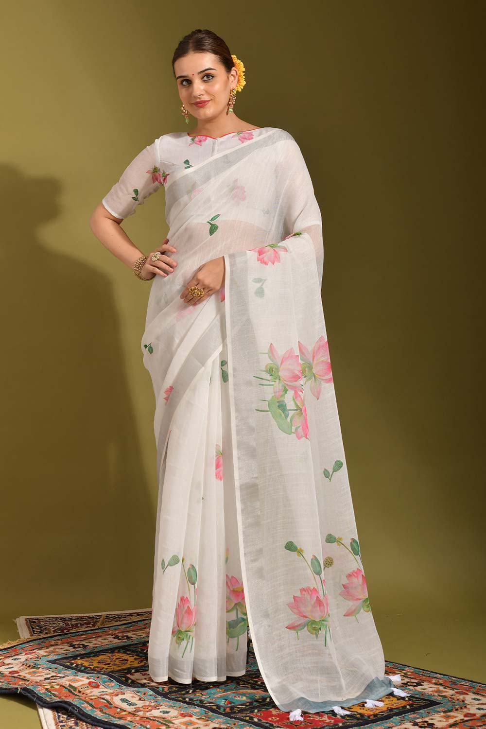 Off-White Linen Printed Saree