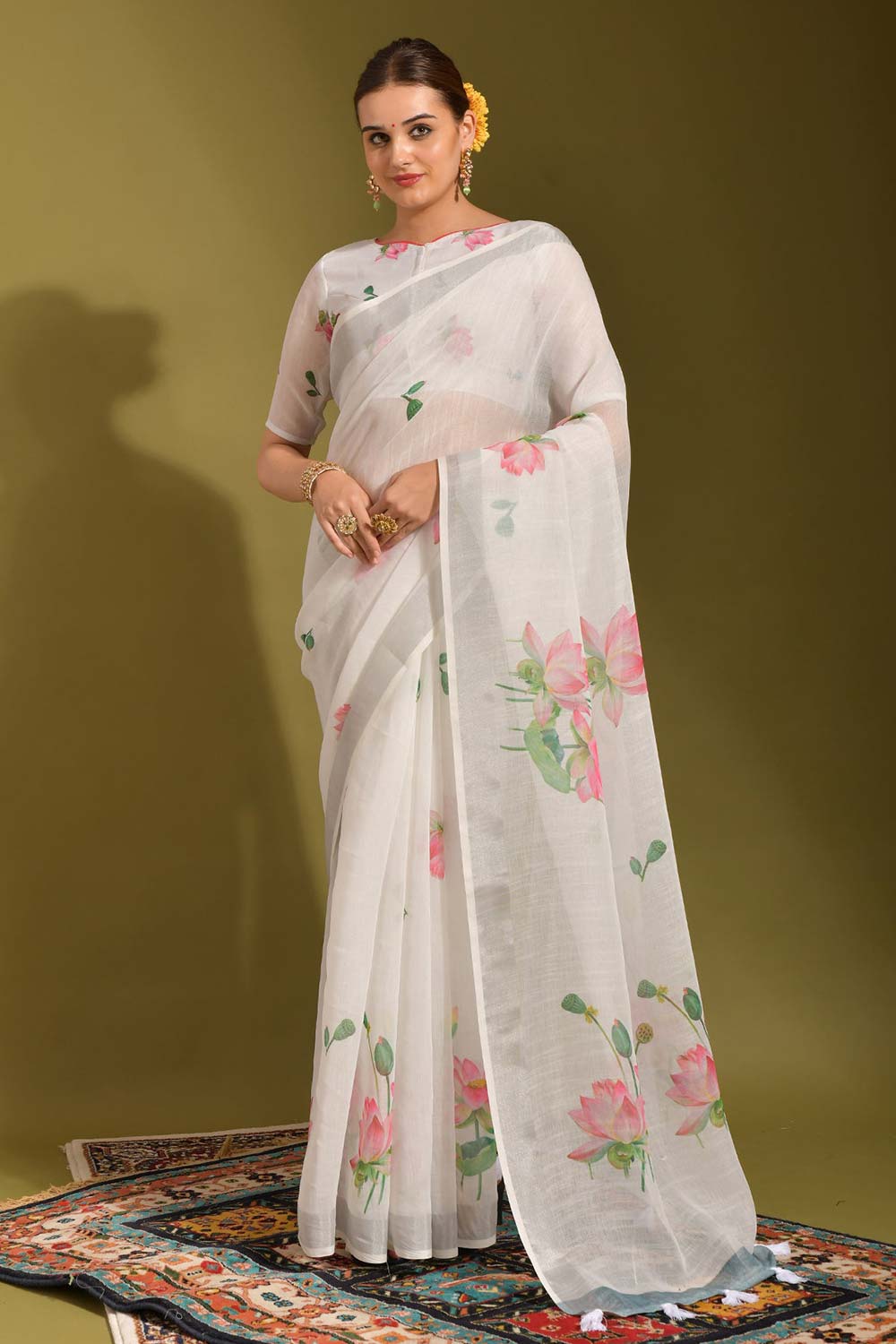 Off-White Linen Printed Saree