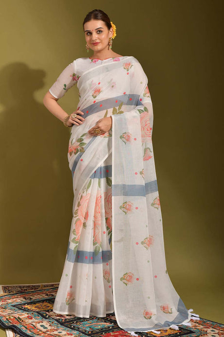 Off-White Linen Printed Saree