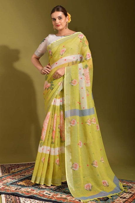 Yellow Linen Printed Saree